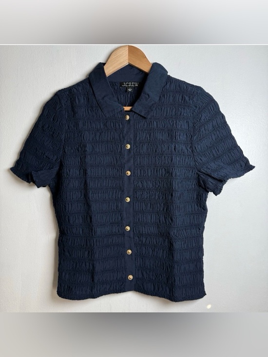 J. Crew Tops - J.CREW Navy Smocked button-up shirt in cotton-blend voile Size L New
